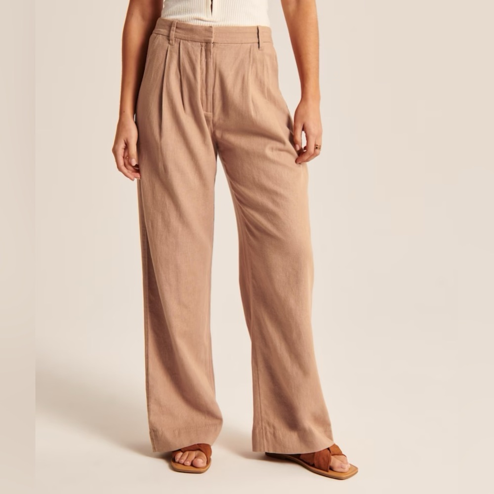 Abercrombie & Fitch tan linen blend wide leg pant